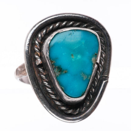 sz8 vintage Navajo sterling silver rope bezel ring with nice turquoise
