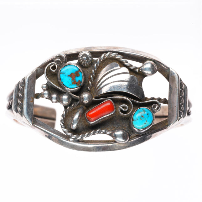 6" Vintage TKB Navajo sterling silver turquoise and coral cuff bracelet
