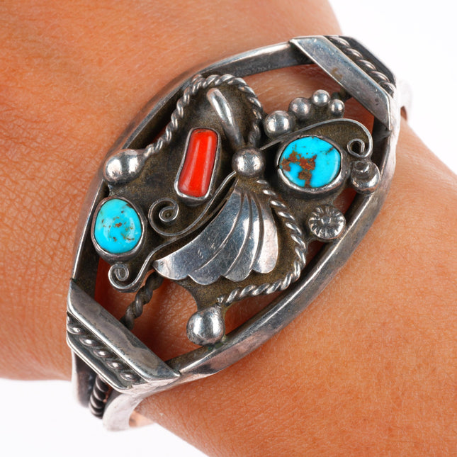 6" Vintage TKB Navajo sterling silver turquoise and coral cuff bracelet