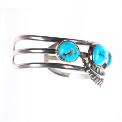 6.3" vintage Native American sterling silver turquoise feather cuff bracelet