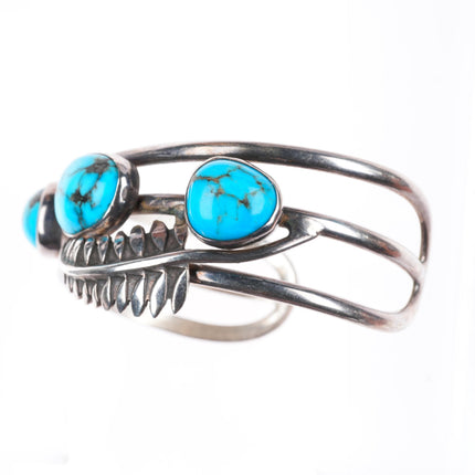 6.3" vintage Native American sterling silver turquoise feather cuff bracelet