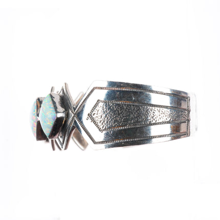 7" Vintage Navajo sterling silver lab opal row cuff bracelet Running Bear Shop