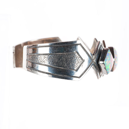 7" Vintage Navajo sterling silver lab opal row cuff bracelet Running Bear Shop
