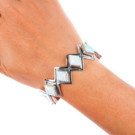 7" Vintage Navajo sterling silver lab opal row cuff bracelet Running Bear Shop
