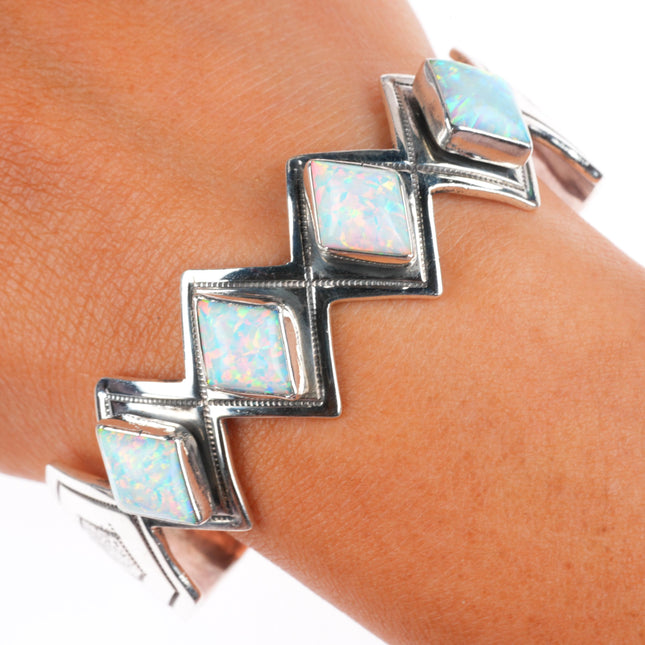 7" Vintage Navajo sterling silver lab opal row cuff bracelet Running Bear Shop
