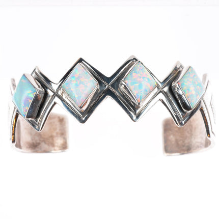 7" Vintage Navajo sterling silver lab opal row cuff bracelet Running Bear Shop