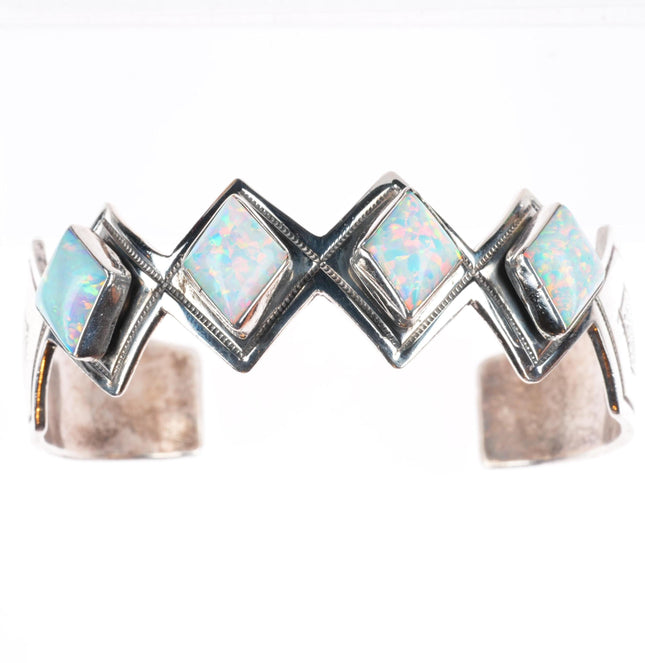 7" Vintage Navajo sterling silver lab opal row cuff bracelet Running Bear Shop