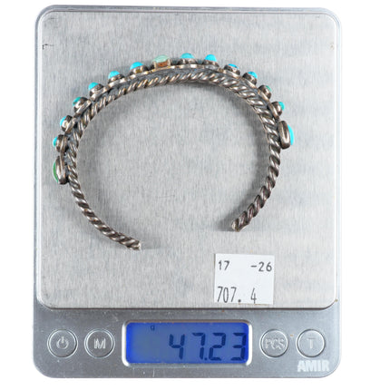 7.25" 1920's-30's Navajo turquoise row cuff bracelet sterling silver braided