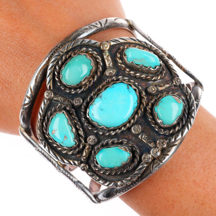 6.3" Big Vintage Navajo sterling silver cuff bracelet with nice turquoise