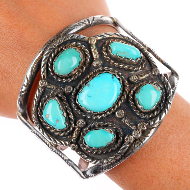 6.3" Big Vintage Navajo sterling silver cuff bracelet with nice turquoise
