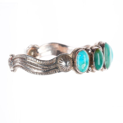 7" 20's-30's vintage Navajo ingot silver stamped turquoise row cuff bracelet