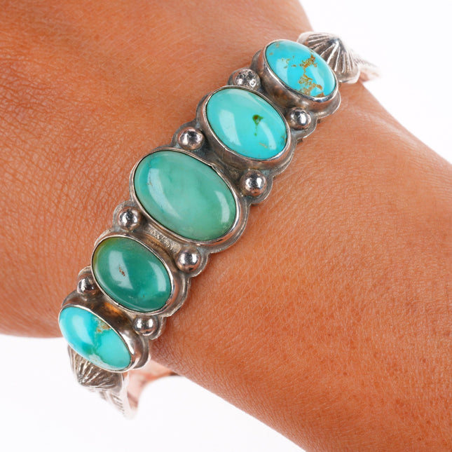 7" 20's-30's vintage Navajo ingot silver stamped turquoise row cuff bracelet