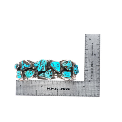 6.6" Heavy vintage Navajo sterling silver turquoise nugget cluster cuff bracelet