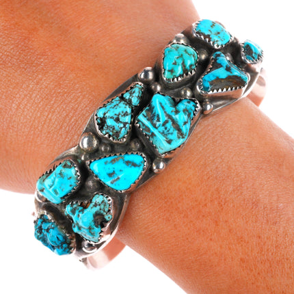 6.6" Heavy vintage Navajo sterling silver turquoise nugget cluster cuff bracelet