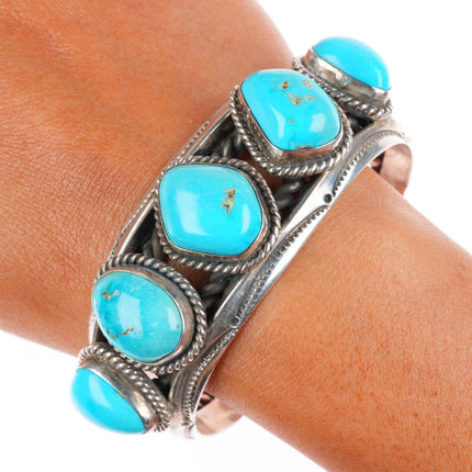 7.1" Vintage Jessie Claw Navajo sterling silver turquoise row cuff bracelet