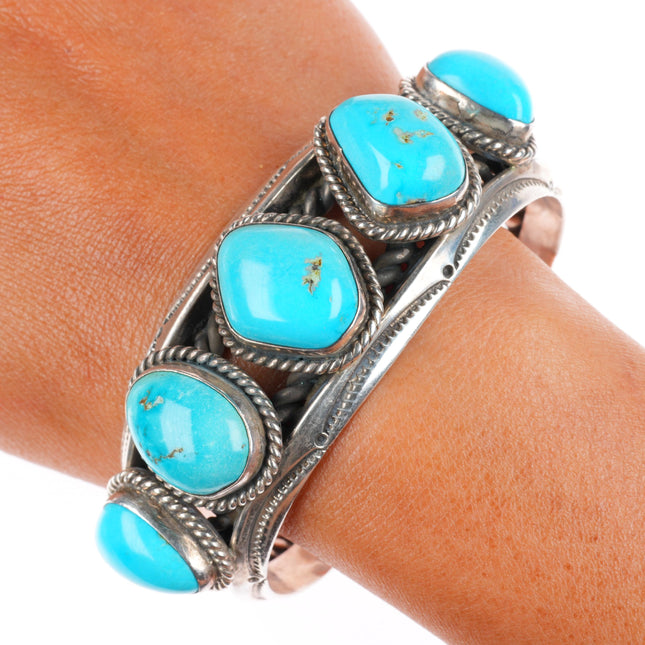 7.1" Vintage Jessie Claw Navajo sterling silver turquoise row cuff bracelet