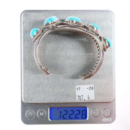 7.1" Vintage Jessie Claw Navajo sterling silver turquoise row cuff bracelet