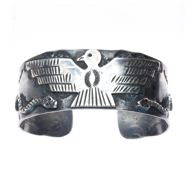 7" c1940's Navajo sterling silver thunderbird snakes Fred Harvey cuff bracelet