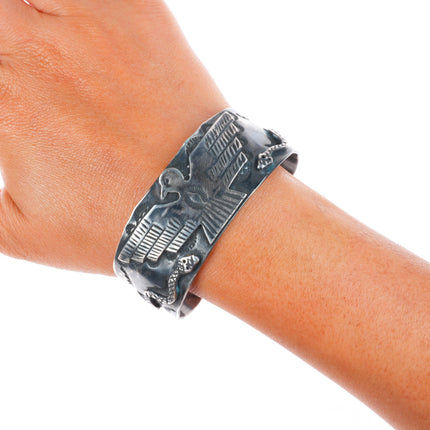 7" c1940's Navajo sterling silver thunderbird snakes Fred Harvey cuff bracelet
