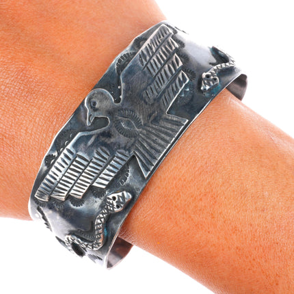 7" c1940's Navajo sterling silver thunderbird snakes Fred Harvey cuff bracelet