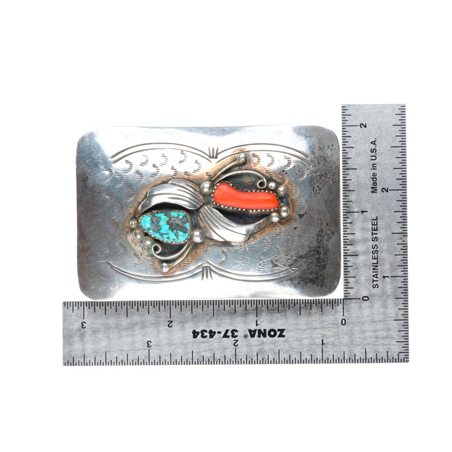 1.5" RY vintage Navajo sterling silver turquoise and coral belt buckle