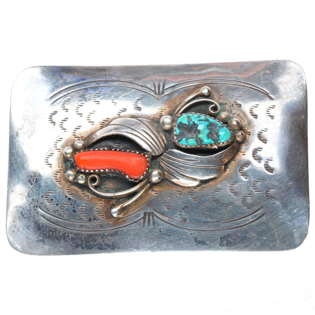 1.5" RY vintage Navajo sterling silver turquoise and coral belt buckle