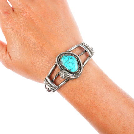 6.4" vintage Navajo sterling silver waterweb Kingman turquoise cuff bracelet