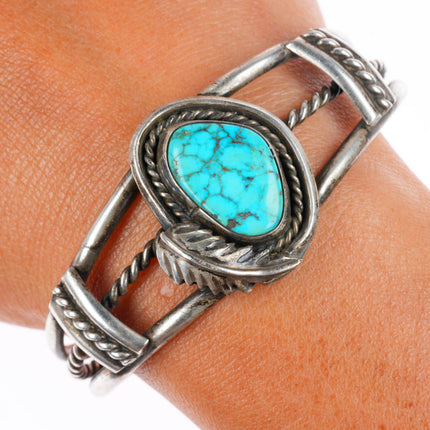 6.4" vintage Navajo sterling silver waterweb Kingman turquoise cuff bracelet