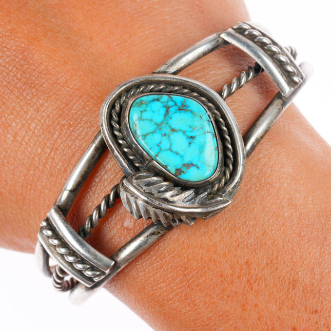 6.4" vintage Navajo sterling silver waterweb Kingman turquoise cuff bracelet