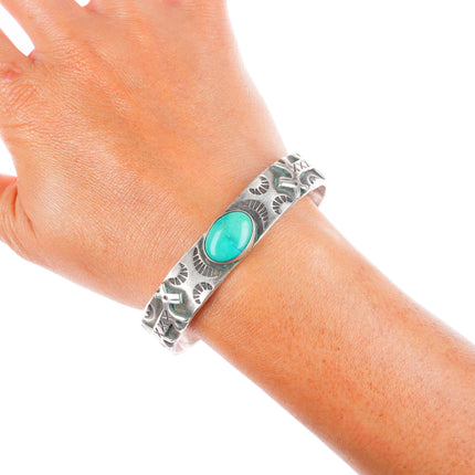 7.1" Vintage Navajo sterling silver applied dogs turquoise cuff bracelet