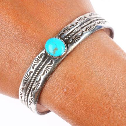 7" vintage Navajo sterling silver turquoise heavily stamped cuff bracelet