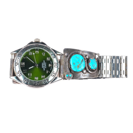 7.75" Vintage Effie Calavaza Zuni sterling silver turquoise watch tips bracelet