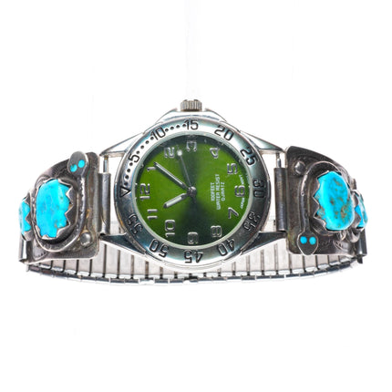 7.75" Vintage Effie Calavaza Zuni sterling silver turquoise watch tips bracelet