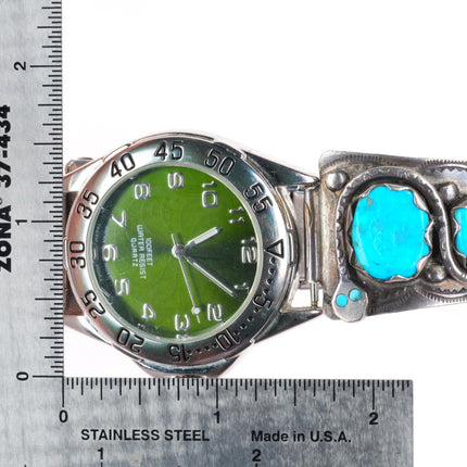 7.75" Vintage Effie Calavaza Zuni sterling silver turquoise watch tips bracelet