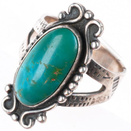 sz7 c1940 Navajo Blue Gem Turquoise sterling silver hand stamped ring