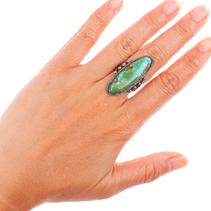 sz7 c1930 Navajo Royston Turquoise sterling silver long rope bezel ring