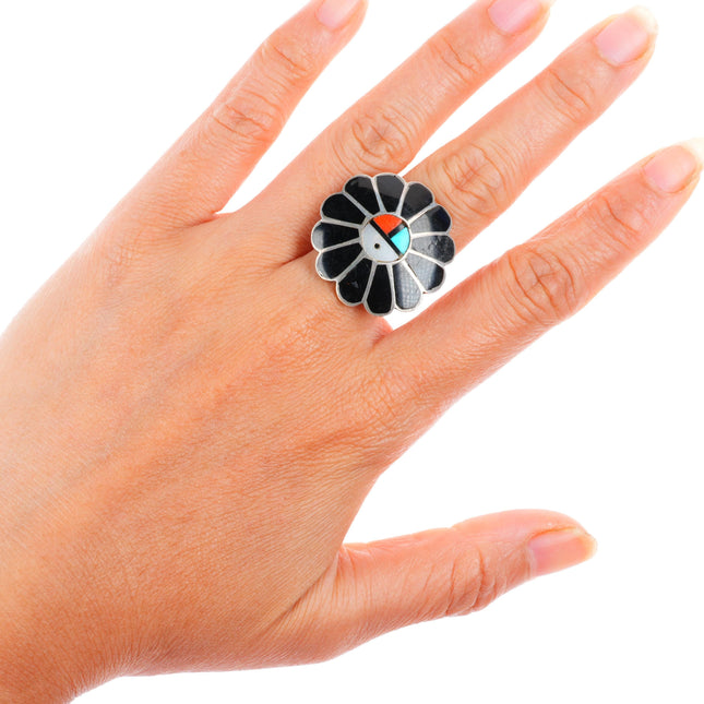 sz7 vintage Gasper Zuni sterling silver sunface ring turquoise/coral/jet/shell