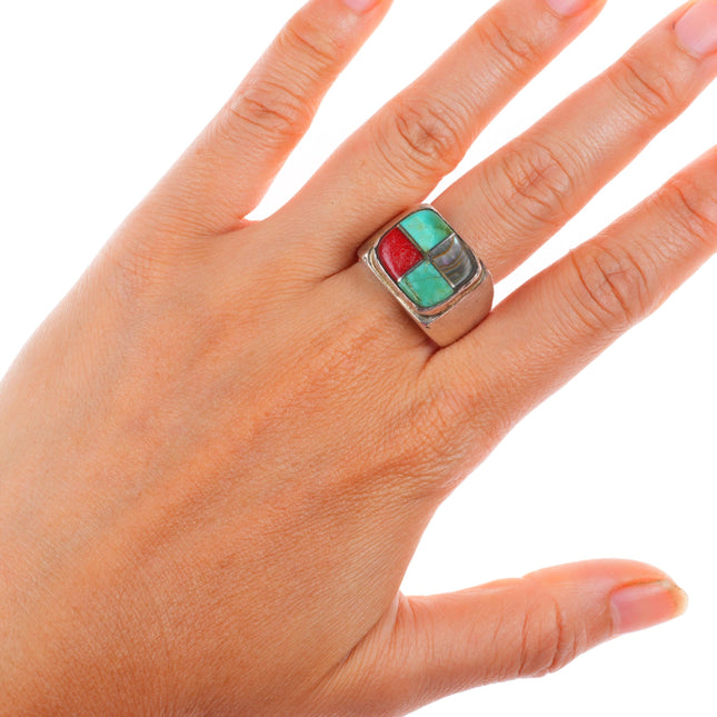 sz11.5 Vintage Native American sterling silver turquoise, coral, shell mens ring