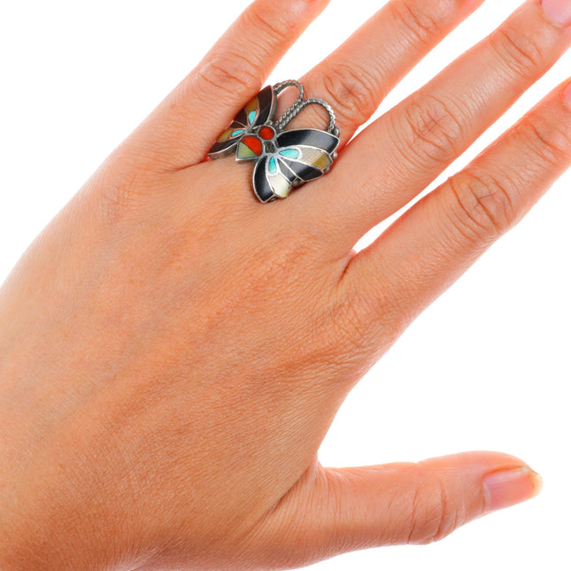 sz6 vintage Zuni sterling silver turquoise, shell, coral inlay butterfly ring