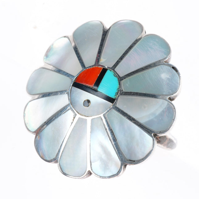 sz9 vintage Gasper Zuni sterling silver shell, turquoise, coral sunface ring