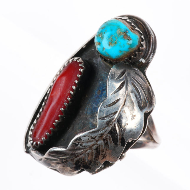 sz9.5 vintage Navajo sterling silver turquoise and coral feather ring