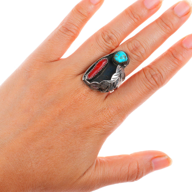 sz9.5 vintage Navajo sterling silver turquoise and coral feather ring