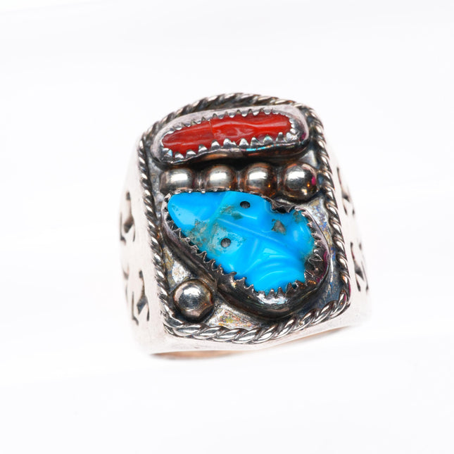 sz12.75 vintage Zuni sterling silver carved turquoise frog fetish, coral ring