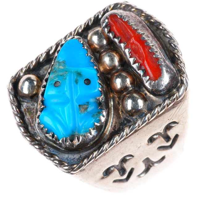 sz12.75 vintage Zuni sterling silver carved turquoise frog fetish, coral ring
