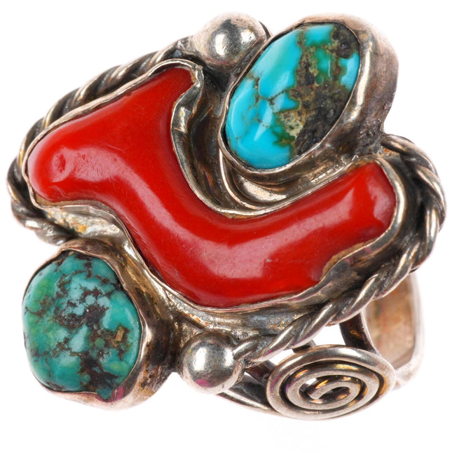 sz11 vintage Zuni sterling silver turquoise branch coral size 11 men's ring