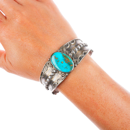 6.5" c1950 Blue Gem Turquoise Navajo sterling silver cuff bracelet