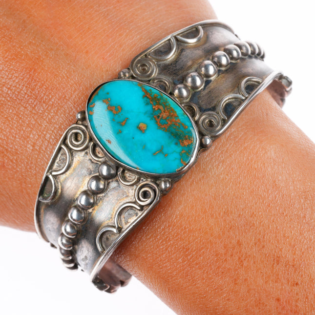 6.5" c1950 Blue Gem Turquoise Navajo sterling silver cuff bracelet