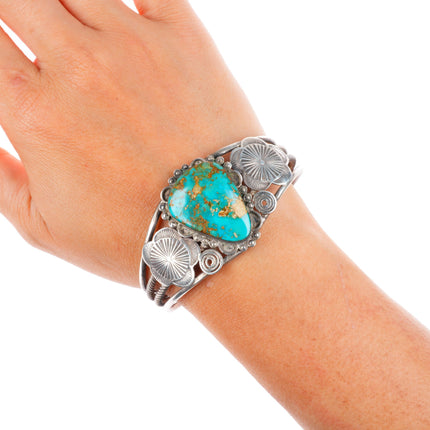 6.5" 1940's Blue Gem Turquoise Navajo sterling silver cuff bracelet