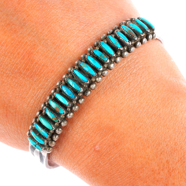 6.3" 1940's Zuni Blue Gem Turquoise sterling silver needlepoint cuff bracelet