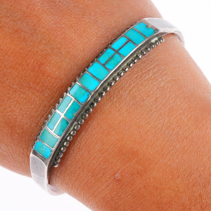 6.75" vintage Zuni sterling silver high grade turquoise inlay cuff bracelet